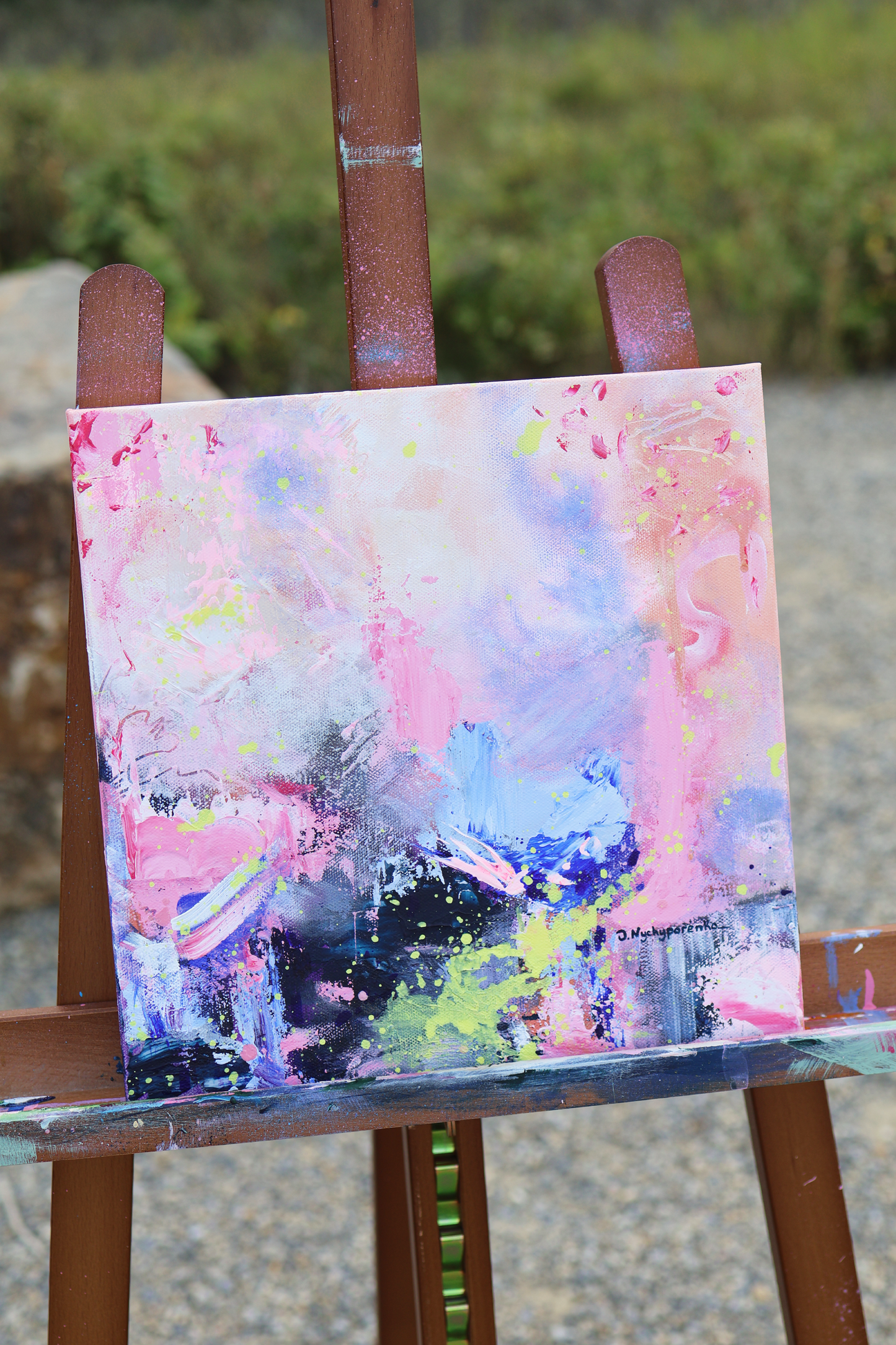 Original abstract painting "Between Breaths" (12x12 in) from the series Born Inside My Skin, created in Calgary. Pink, blue, and black textures. Includes certificate of authenticity.