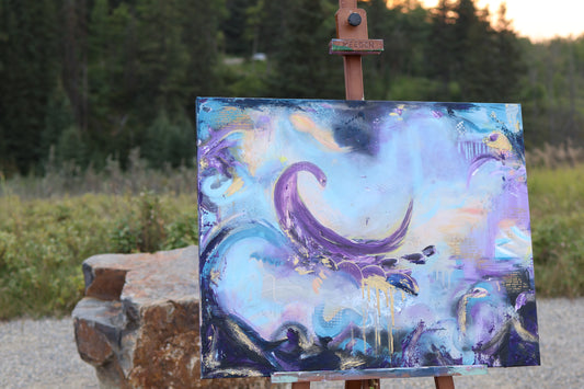 Abstract acrylic painting in shades of violet, turquoise, and gold with flowing cosmic forms and layered textures. The artwork, titled 'The Strength of Fragile Worlds,' is a 30x24 inch original by Calgary-based artist Olia Nychyporenko (artbyOliaN). Part of the series 'I Arrived as Feeling,' it is UV-protected, ready to hang, and comes with a Certificate of Authenticity.