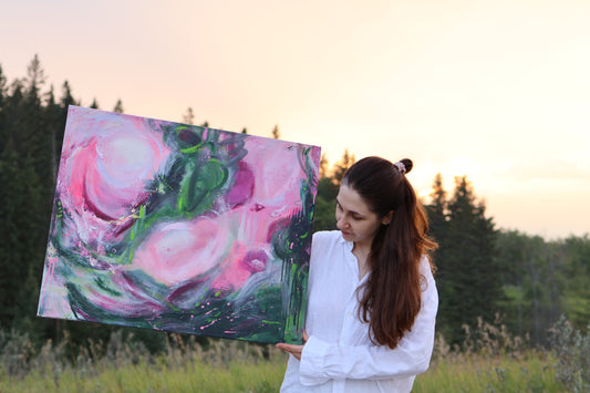 Abstract acrylic painting in soft pinks, greens, and deep accents, evoking organic flow and gentle movement. 'Echoes of Tenderness' is a 30x24 inch original artwork by Calgary-based artist Olia Nychyporenko (artbyOliaN). Part of the series 'I Arrived as Feeling.' UV-protected, ready to hang, and accompanied by a Certificate of Authenticity.