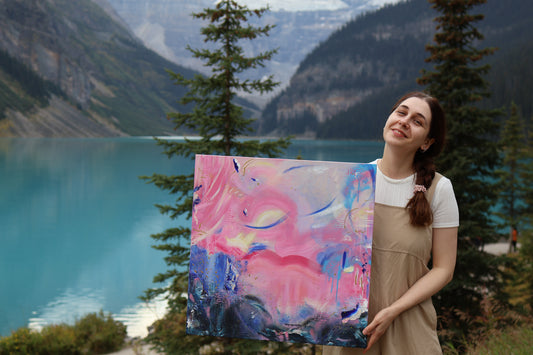 Abstract acrylic painting in vibrant pink, blue, and purple tones with flowing textures and cosmic details. Artwork by Olia Nychyporenko, 24x24 inches, part of the series 'I Arrived as Feeling'.