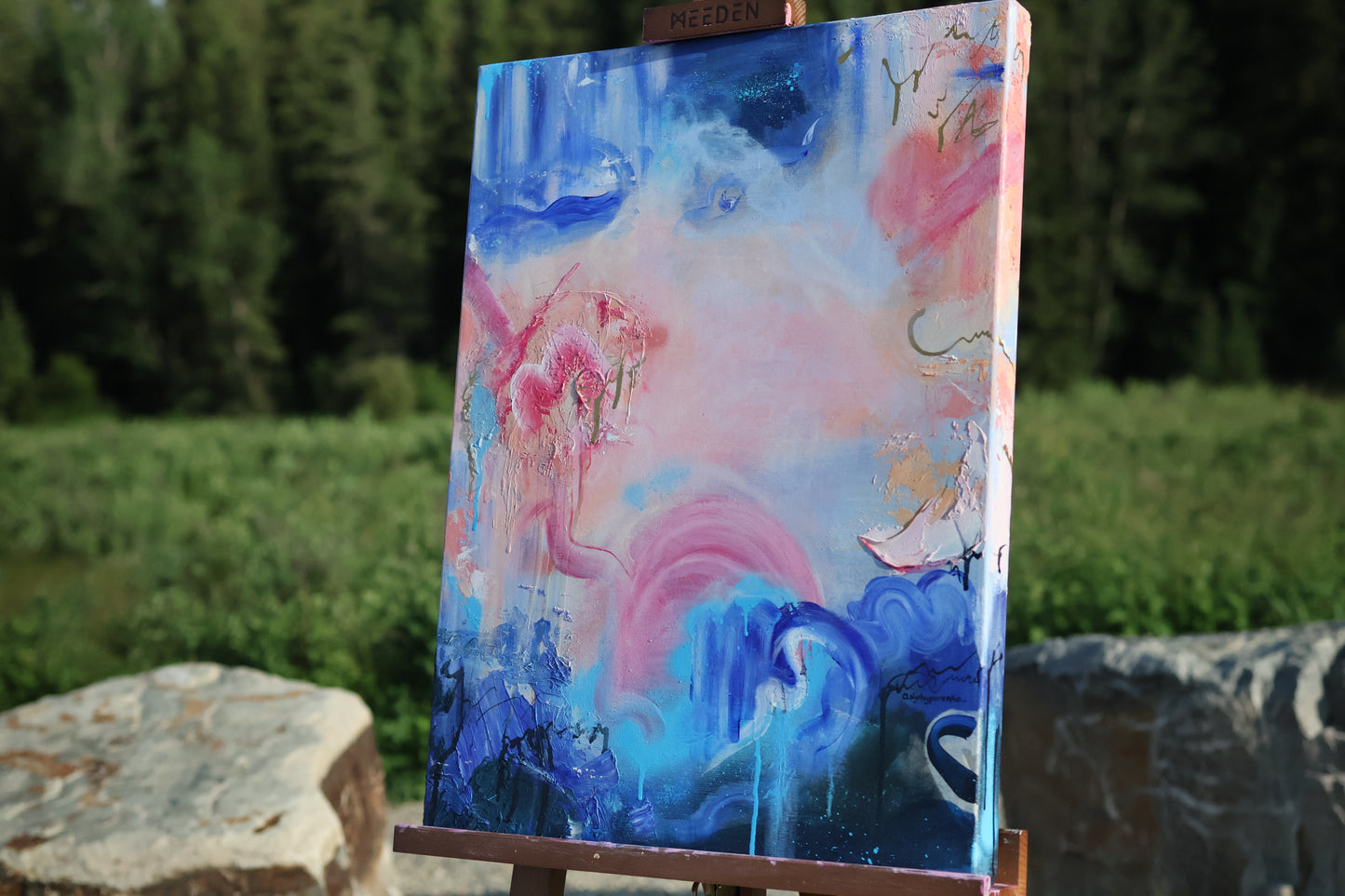 Infinite Tide – original abstract acrylic painting by Olia Nychyporenko (artbyOliaN), layered pastel and blue textures expressing emotional flow and quiet surrender.
