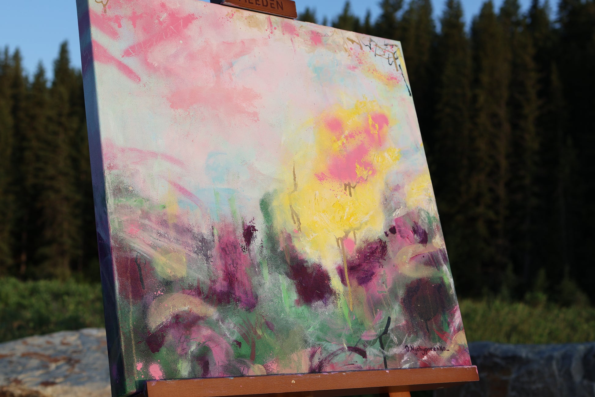 In Their Own Field – original abstract painting by Olia Nychyporenko (artbyOliaN), soft expressive acrylic work about inner growth, freedom, and childhood softness.
