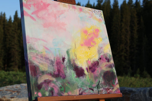 In Their Own Field – original abstract painting by Olia Nychyporenko (artbyOliaN), soft expressive acrylic work about inner growth, freedom, and childhood softness.

